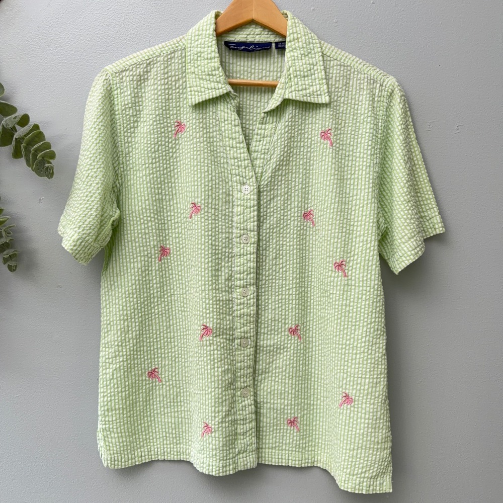 Angelique Shirt Barbiecore Seersucker Palm Tree Embroidery Gingham Lime Pink